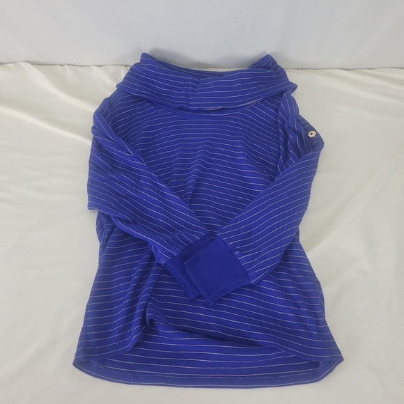 Rafaella Womens Sweater XS Petite Blue Metallic Striped Long Sleeve Cowl Neck - Picture 3 of 10